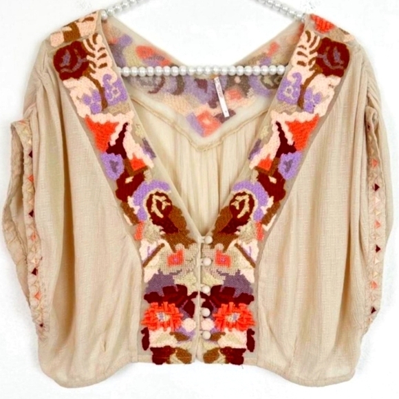 Free People Embroidered Button Up Crop Top 0 - Picture 1 of 5